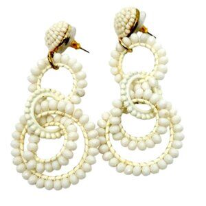 J CREW~Interlocking HOOPS Beaded Drop Dangle Earrings Boho Chic WHITE/GOLD